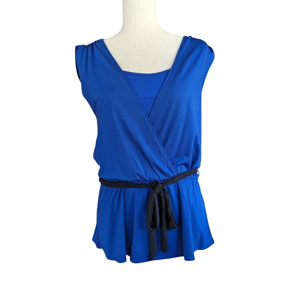 Banana Republic Blue/Black Sleeveless Crossover Belted Peplum Top Womens Medium